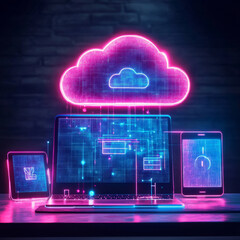 Fototapeta premium A futuristic cloud computing concept featuring glowing devices such as a computer, laptop, smartphone, and tablet, all interconnected by digital lines or cloud symbols. The glowing effect highlights t