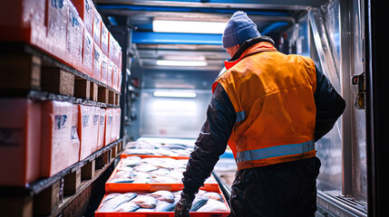 Worker Loading Fish Boxes onto a Transport Truck.