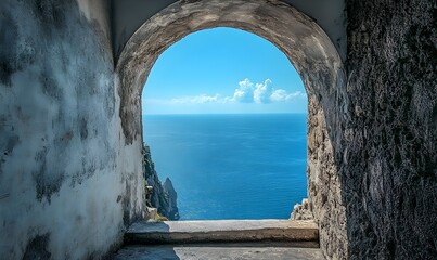 An archway in Italy frames the Capri sea with a romantic and picturesque atmosphere