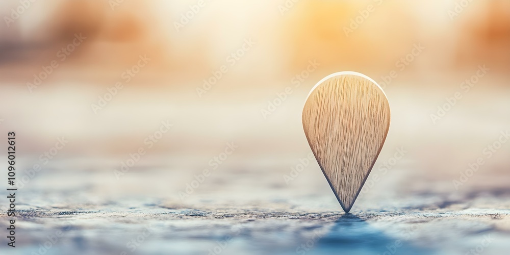 Poster a wooden location pin standing upright on a blurred background, symbolizing navigation or a specific