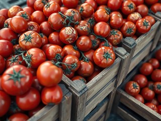 Close-up view of a stack of wooden crates overflowing with plump red tomatoes some of which have been bruised or damaged, tomatoes, ripeness, agriculture