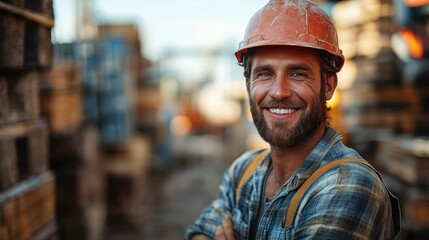 Smiling construction worker in a helmet amidst wooden stacks at a construction site.