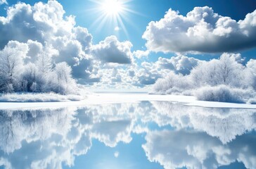 A serene winter landscape with snow-covered trees, a frozen lake reflecting the clear blue sky, and sunlight creating sparkling icicles on plants
