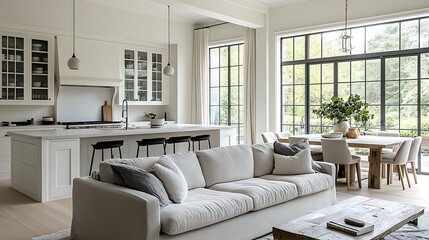 A beautifully decorated living room and dining area