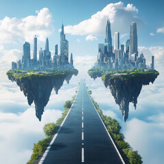Fototapeta premium An incredible fantasy scene featuring floating islands adorned with lush greenery and waterfalls, seamlessly blending with a modern city skyline. The islands hover above an expansive landscape, connec