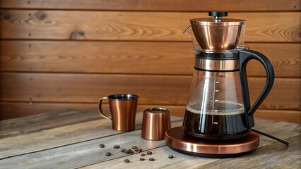 Coffee maker with a copper body and a glass carafe on a wooden background, wooden background, modern appliance, glass carafe