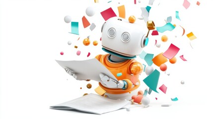 A Robot Carefully Reads Documents Amidst Colorful Confetti