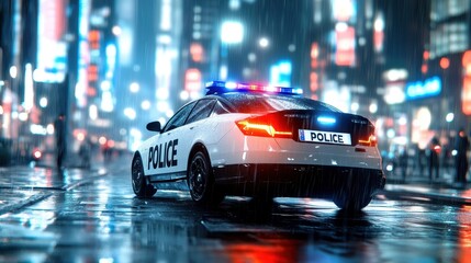 A police car with flashing lights parked on wet city streets at night, reflecting urban chaos and...