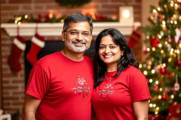 Fototapeta premium happy couple hug to each other celebrating Christmas