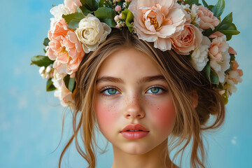 A young girl with a flower crown on her head
