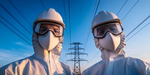 Two people in protective gear and masks stand against a background of power lines and a blue sky. Concept Protective Gear, Health and Safety, Power Lines, Blue Sky, Environmental Awareness