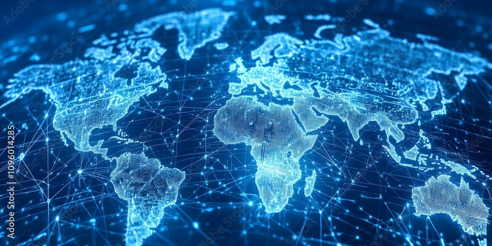 Poster a digital representation of a world map with glowing connections, illustrating global networks and c