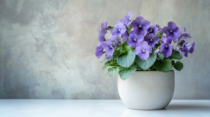 Fototapeta premium Blue violet plant in a pot on white surface