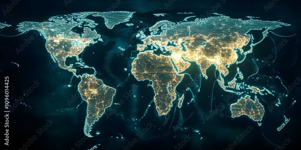 Poster a digital map of the world highlighted with glowing lines and points, representing cities and geogra