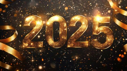2025 banner with golden ribbons and shimmering lights for a festive New Year atmosphere