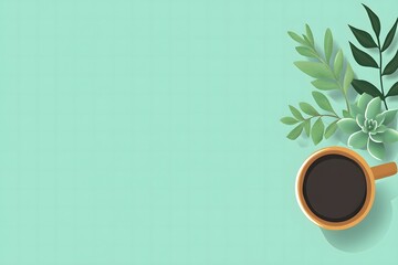 Aesthetic Coffee Mug Surrounded by Fresh Green Plants and Succulents on a Soft Mint Background for Relaxation and Inspiration in Home or Office Spaces
