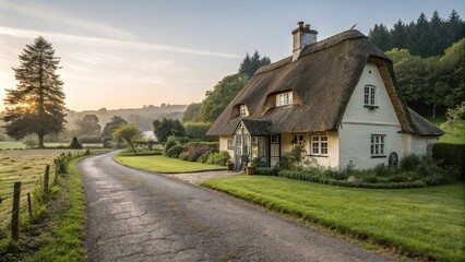 Naklejka premium Cottage with a thatched roof and a long lane leading up to the door, sunlight filtering through leaves, thatched roof, rural retreat