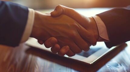 A close-up of a handshake over a digital tablet showing the merged company's new marketing campaign 32k