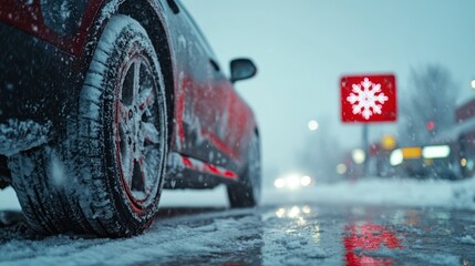 A close-up of a car tire in snowy conditions with a glowing snowflake sign in the background.