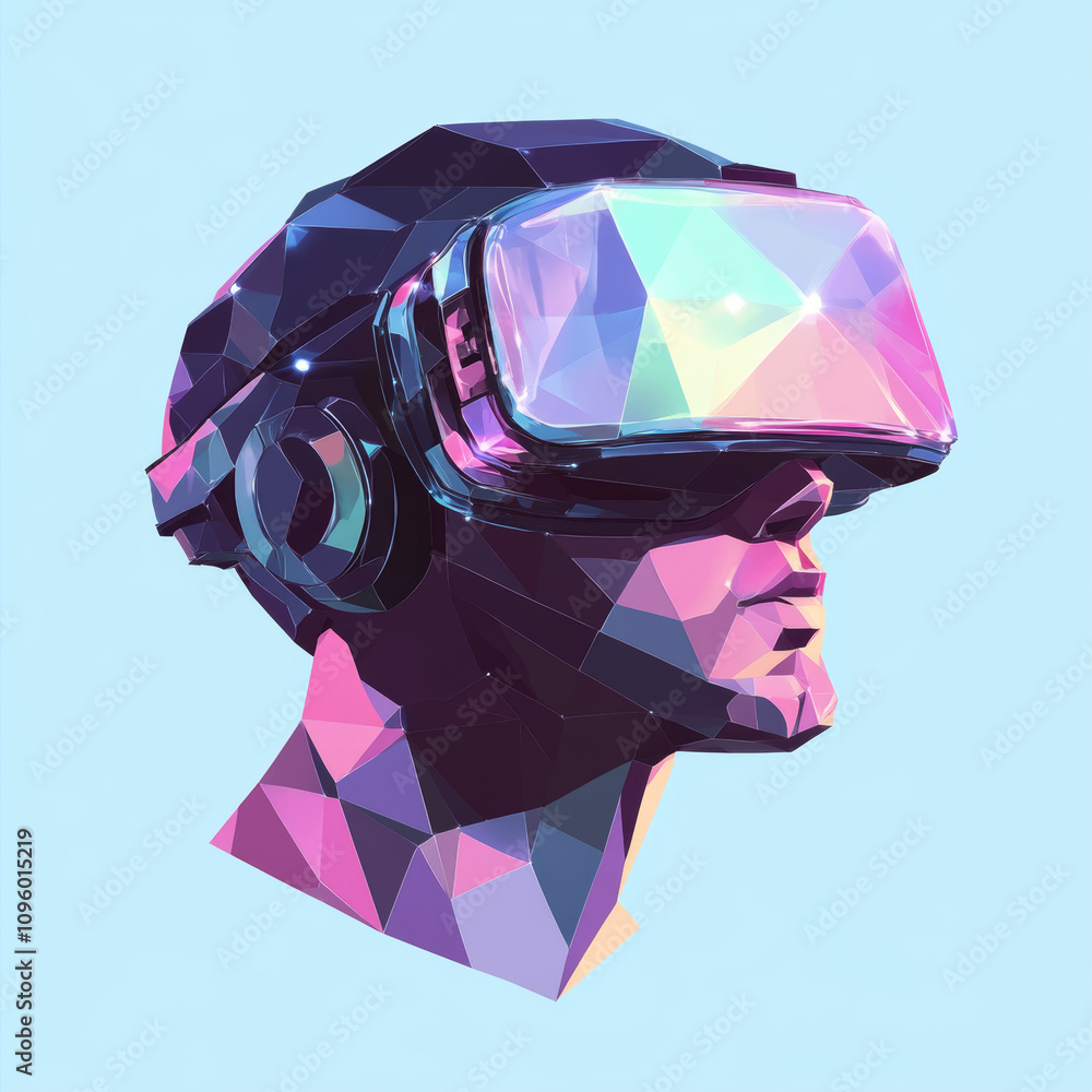 Poster a low-poly vector illustration of a virtual augmented reality helmet, symbolizing innovation in medi