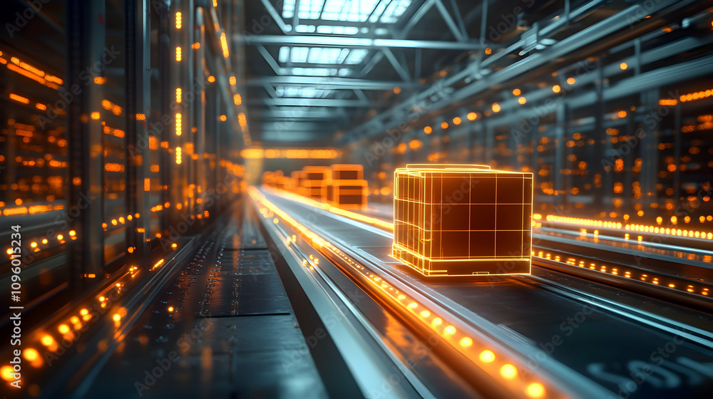 Poster automated conveyor system transports wireframe cargo through futuristic factory, illuminated with or