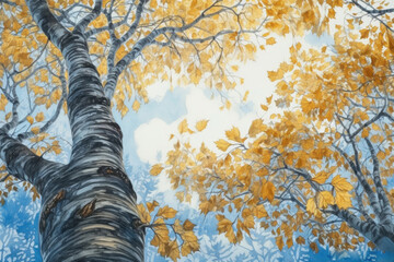 birch grove in autumn. blue sky and yellow leaves., watercolor style, 