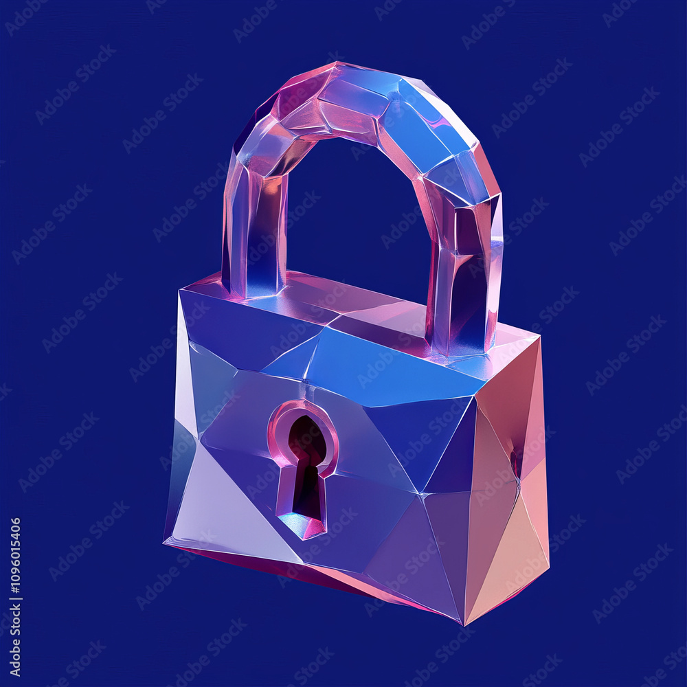 Poster a low-poly vector illustration depicting a cyber safety padlock on a mass of data, symbolizing inter