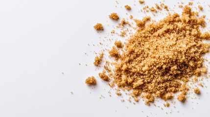 Golden brown sugar dust scattered on white background creates warm and inviting texture, perfect for culinary presentations or baking themes