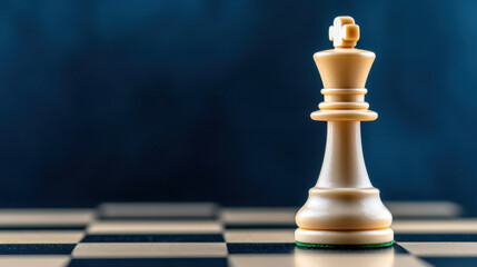 white queen chess piece stands prominently on chessboard, symbolizing strategy and competition against dark blue background
