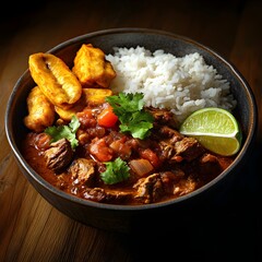 Ecuadorian seco de chivo, a slow-cooked goat stew with a tangy tomato and naranjilla sauce. Served in a deep bowl with a side of white rice and fried plantains. 