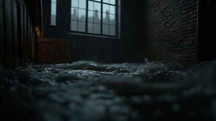 A room flooded with water, with a window showing a cloudy cityscape outside. The water is churning and splashing, creating a dramatic scene.