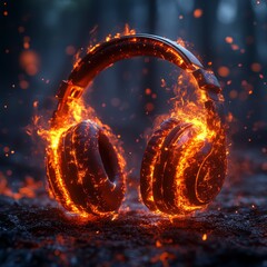 Headphones Engulfed in Flames with Fiery Sparks  
