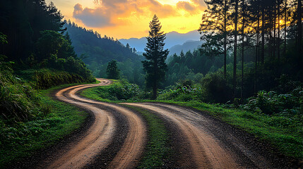 Obraz premium Winding Dirt Road Through Lush Green Forest at Sunset