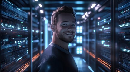 Shot of a Smiling IT Engineer Standing in the Middle of a Working Data Center Server Room. Visualizations of Data Transmission Through High Speed Internet. User Interface Icons in the Foreground.