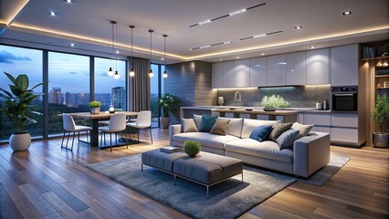Fototapeta premium Modern Minimalist Penthouse Interior at Night - Elegant Living Room and Kitchen Design with Sofa, Dining Table, Island Stools, Parquet Flooring in White and Gray Aesthetic