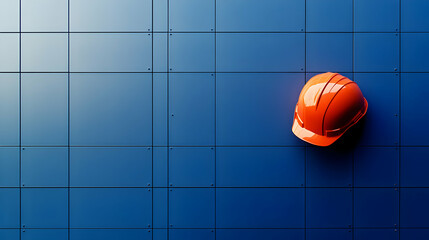 3D Render: Orange Hard Hat on Blue Metal Panel Background