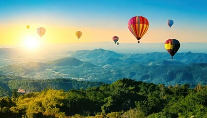 Fototapeta premium Colorful hot air balloons flying over mountain at Dot Inthanon in Chiang Mai, Thailand. 
