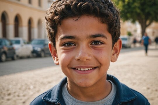 Close portrait of a smiling Tunisian male kid looking at the camera, Tunisian outdoors blurred background