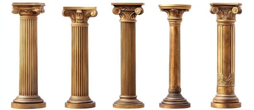 Golden Pillars Collection: Five ornate golden pillars, showcasing variations in capitals and bases, stand in a row, demonstrating classical architectural design elements.  