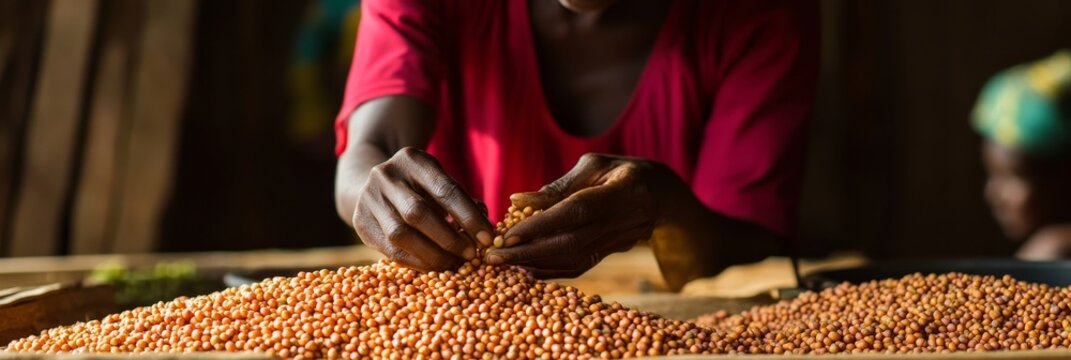Sorting Beans by Hand in Rustic Setting
