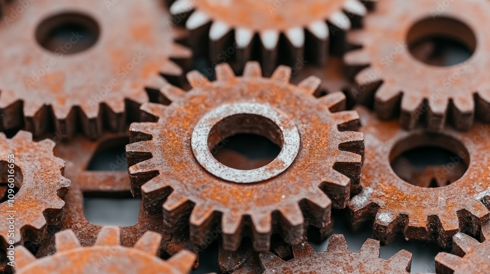Poster rusty gears: close-up of a group of rusty gears, signifying the intricate workings of a machine, a m