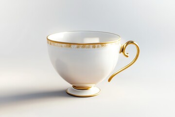 Elegant Porcelain Teacup: A pristine white porcelain teacup with a delicate gold rim and ornate handle, exuding an air of sophistication and refinement.