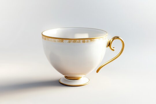 Elegant Porcelain Teacup: A pristine white porcelain teacup with a delicate gold rim and ornate handle, exuding an air of sophistication and refinement.