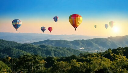 Naklejka premium Colorful hot air balloons flying over mountain at Dot Inthanon in Chiang Mai, Thailand. 