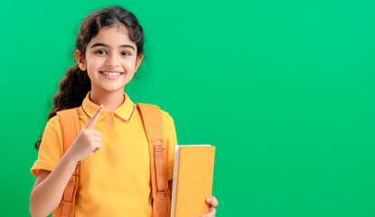 Obraz premium A young, handsome and happy Indian girl student pointing his finger at the empty space, smiling and standing against a yellow background.