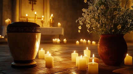 Photo Frame, Cremation Urn, and Candles in Church 8K Realistic