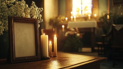 Photo Frame, Cremation Urn, and Candles in Church 8K Realistic
