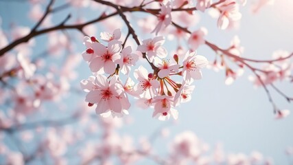 Obraz premium Delicate cherry blossoms float gently on a gentle spring breeze their pale pink hue glistening in sunlight, spring season, botanical photography