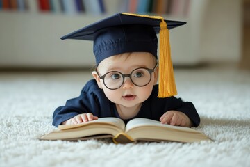 Cute Baby Boy Wearing Glasses and Graduation Cap Reading a Book