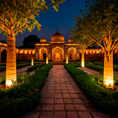 Fototapeta premium Evening Lights: A Mughal garden illuminated by evening lights, creating a magical ambiance.